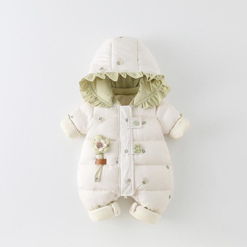 カバーオール 女の子 ベビー 新生児 秋冬 中綿 ポリエステル 裏起毛 厚手 保温 長袖 フード付き 取り外し可能 ジップアップ ファスナー かわいい お出かけ 韓国風