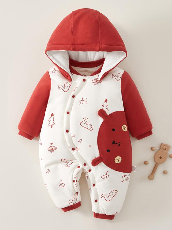 ロンパース ベビー 新生児 男女兼用 秋冬 厚手 綿 フード付き 長袖 あったか お宮参り 退院着 外出用 抱っこカバーオール