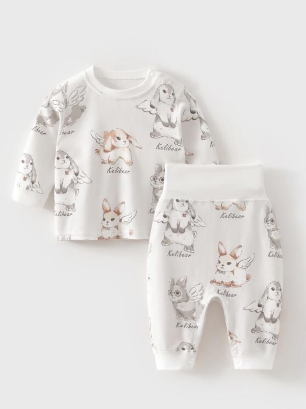 ベビー キッズ 肌着 男の子 女の子 綿100% ハイウエスト 腹巻付き クルーネック 肩開き 長袖 長ズボン 上下セット 保温 吸湿速乾 通年 部屋着