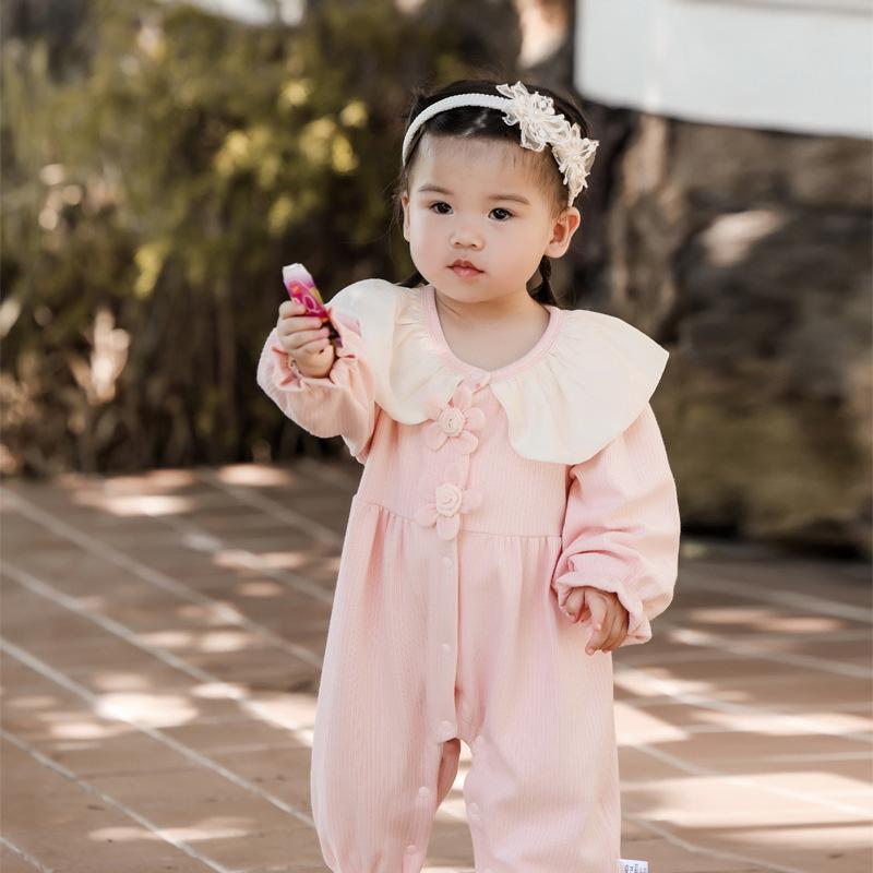ロンパース 女の子 ベビー服 長袖 韓国風 前開き カバーオール スナップボタン ポリエステル 二重 かわいい 春 秋 ピンク ブラウン お出かけ 普段使い