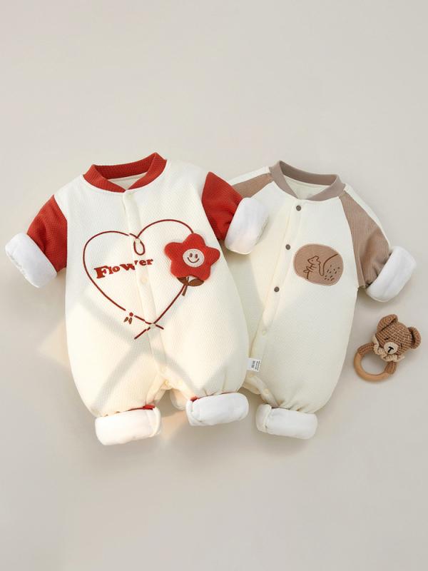 ロンパース 新生児 ベビー 男女兼用 秋冬 厚手 中綿入り コットン100% 保温 あったか 長袖 前開き カバ..