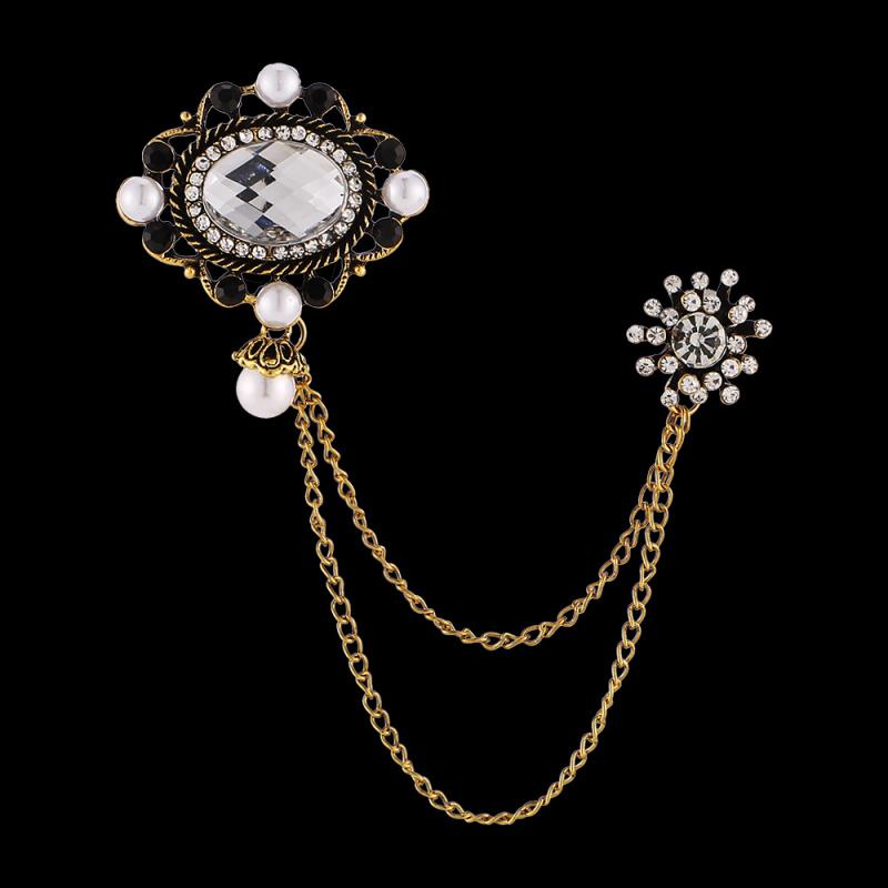 ブローチ 男女兼用 欧米風 レトロ ヴィンテージ オーバル 宝石 パール チェーン タッセル メタル 亜鉛..