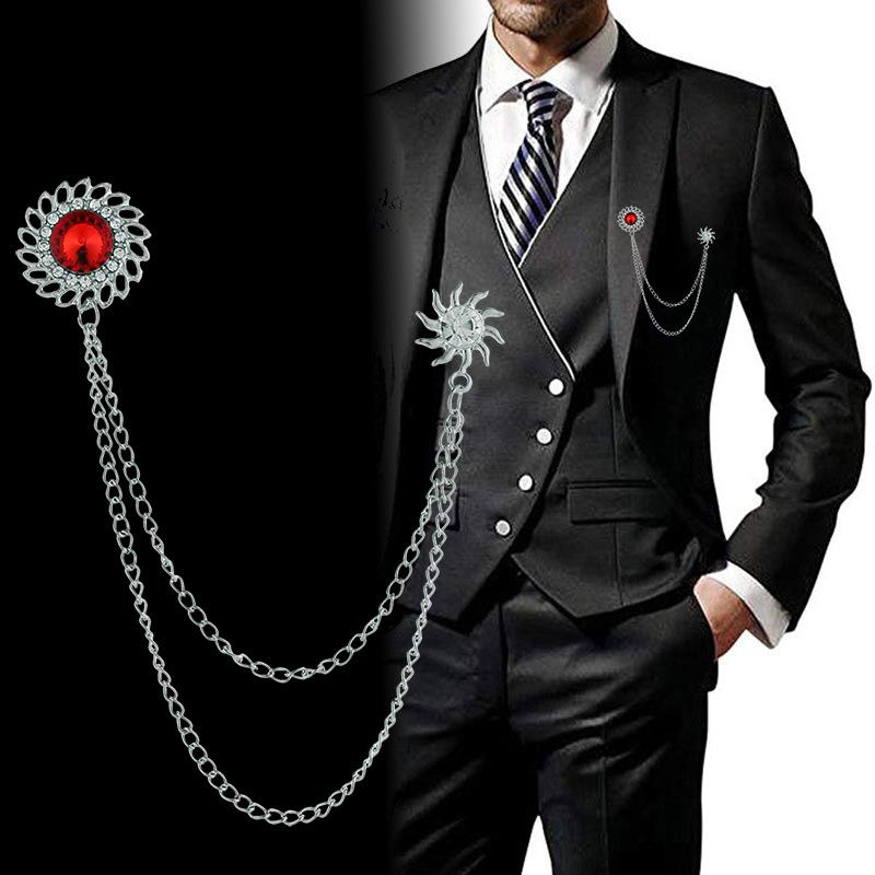 ブローチ メンズ 男性用 欧米風 高級感 丸型 スパイラル レッドジルコニア チェーン タッセル シンプル..