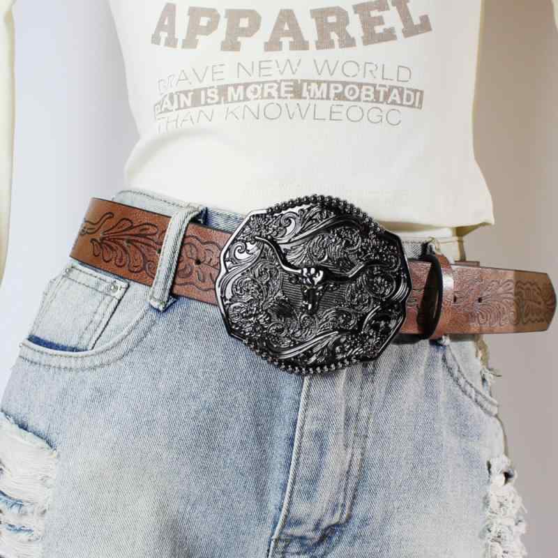 ベルト メンズ ブラック フェイクレザー 欧米風 ウエスタン カウボーイ ビッグ牛ヘッド 型押し パンク ファッション小物 個性的 カジュアル 普段使い 電気メッキ バックル