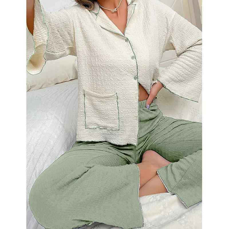 パジャマ レディース 女性用 襟付き 前開き 長袖 ロングパンツ 春秋 高級感 かわいい 切り替え バイカラー 上下2点セット ルームウェア ナイトウェア 快適 通気性 ワンマイルウェア