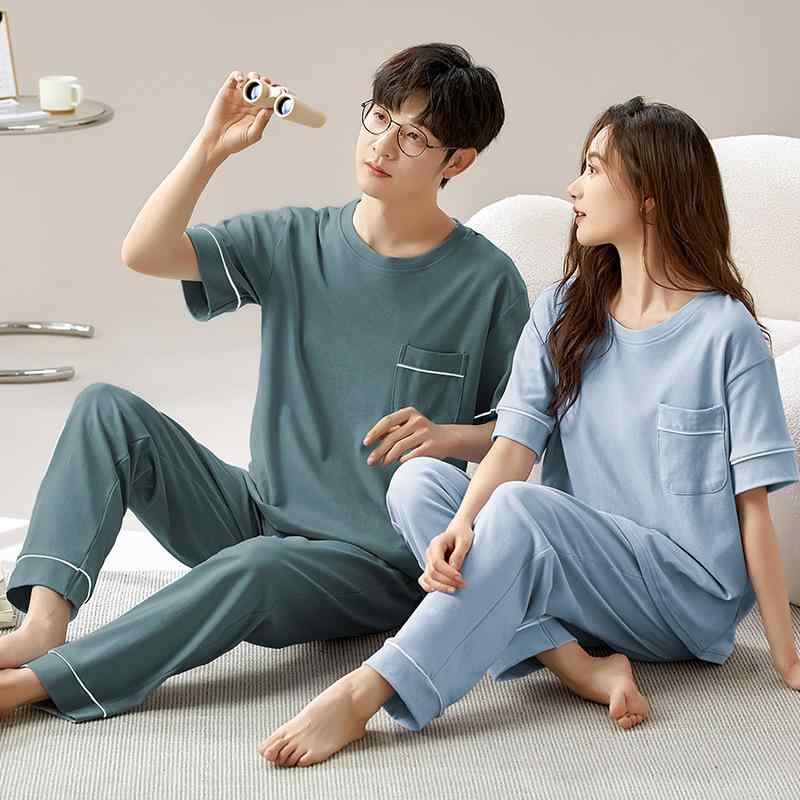 パジャマ ペア ルームウェア レディース メンズ 春夏 綿100% 薄手 半袖 丸首 長ズボン 無地 シンプル 部屋着 普段使い 快適 通気性 2点セット