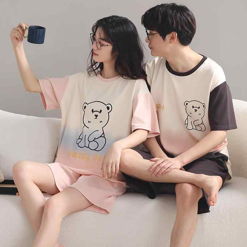 パジャマ ルームウェア カップル 男女兼用 メンズ レディース 綿 コットン 半袖 セットアップ 上下セット 短パン ショートパンツ スリープドレス ネグリジェ ルームワンピース 薄手 通気性 ストレッチ 快適 カジュアル リラックス ワンマイルウェア