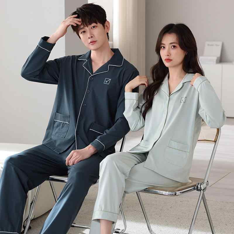 パジャマ ルームウェア カップル ペア 男女兼用 春秋 綿 コットン 長袖 長ズボン 前開き ゆったり 快適 通気性 高級感 部屋着 寝間着 セットアップ