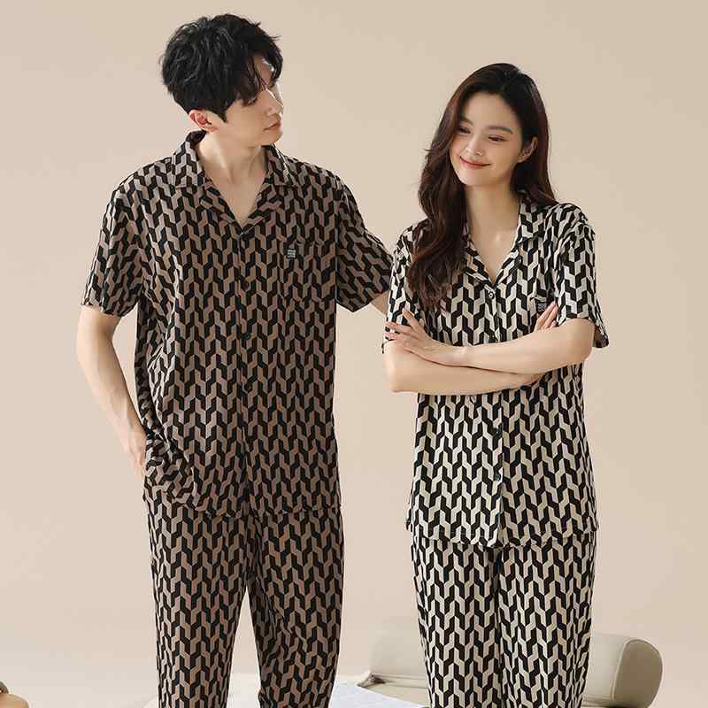 パジャマ ルームウェア レディース メンズ 春夏秋 純綿 コットン 半袖 ロングパンツ チェック柄 レトロ..