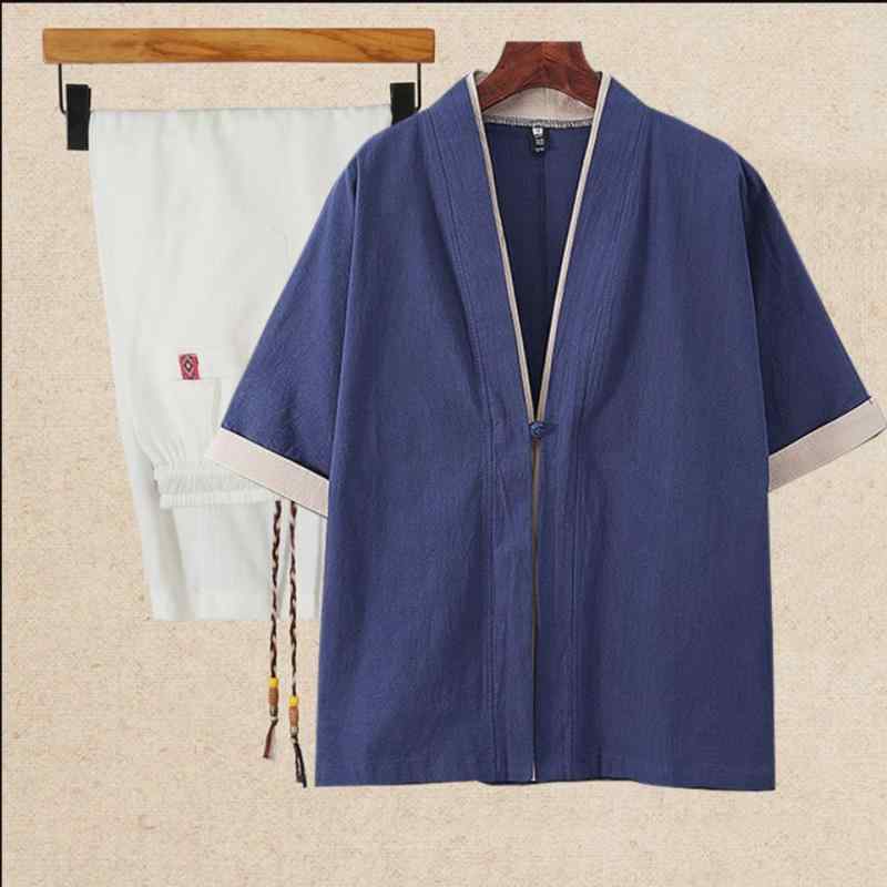 民族衣装 メンズ 春夏 レトロ 青年向け カジュアル 漢服 唐装 半袖 セットアップ 麻混紡 綿 通気性 普..