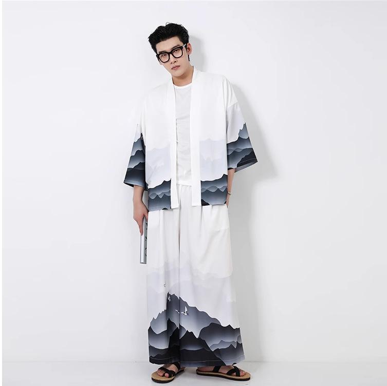 セットアップ メンズ 中国風 プリント 開襟 カーディガン ワイドパンツ 大きいサイズ ゆったり カジュ..