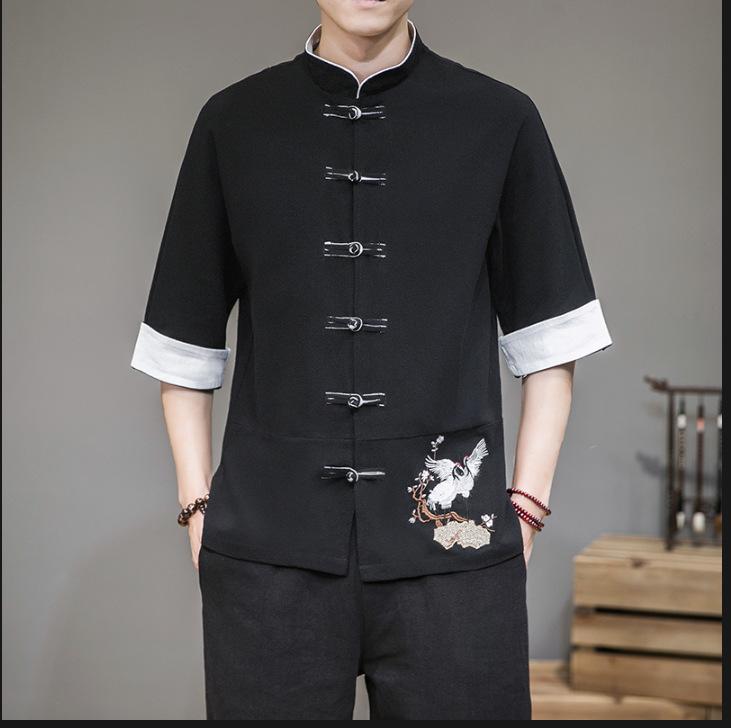 シャツ メンズ 春夏 大きいサイズ ビッグシルエット ゆったり チャイナ風 刺繍 スタンドカラー 七分袖 カジュアル おしゃれ 通気性 綿混 羽織り トップス(4)