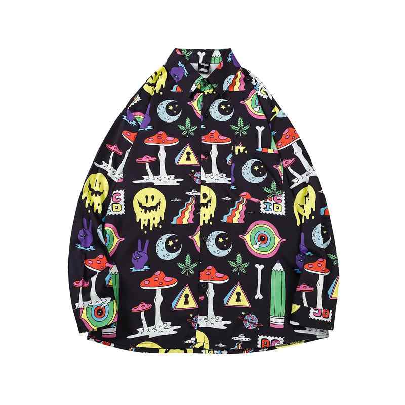 シャツ メンズ 男性用 長袖 プリント 総柄 ビッグシルエット ルーズフィット ストリート 原宿系 カジュ..