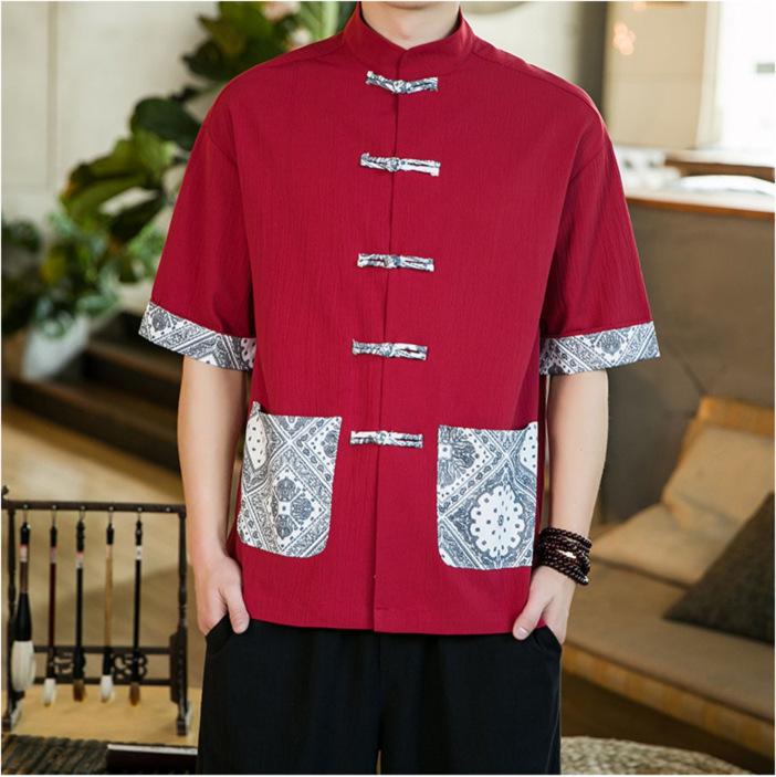 シャツ メンズ 中国風 スタンドカラー 半袖 漢服 唐装 大きいサイズ ビッグサイズ カジュアル おしゃれ..
