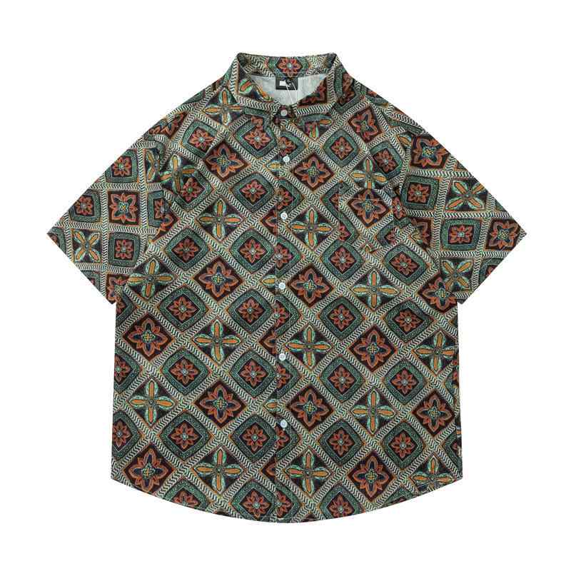 シャツ 男女兼用 ユニセックス 半袖 オープンカラー 菱形柄 アーガイル柄 レトロ ヴィンテージ 香港風 日系 ゆったり ルーズ オーバーサイズ カジュアル 普...