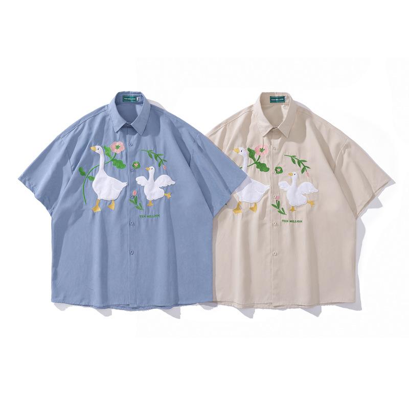 シャツ メンズ 半袖 オープンカラー レトロ アヒル刺繍 ゆったりシルエット ストリート カジュアル 羽..