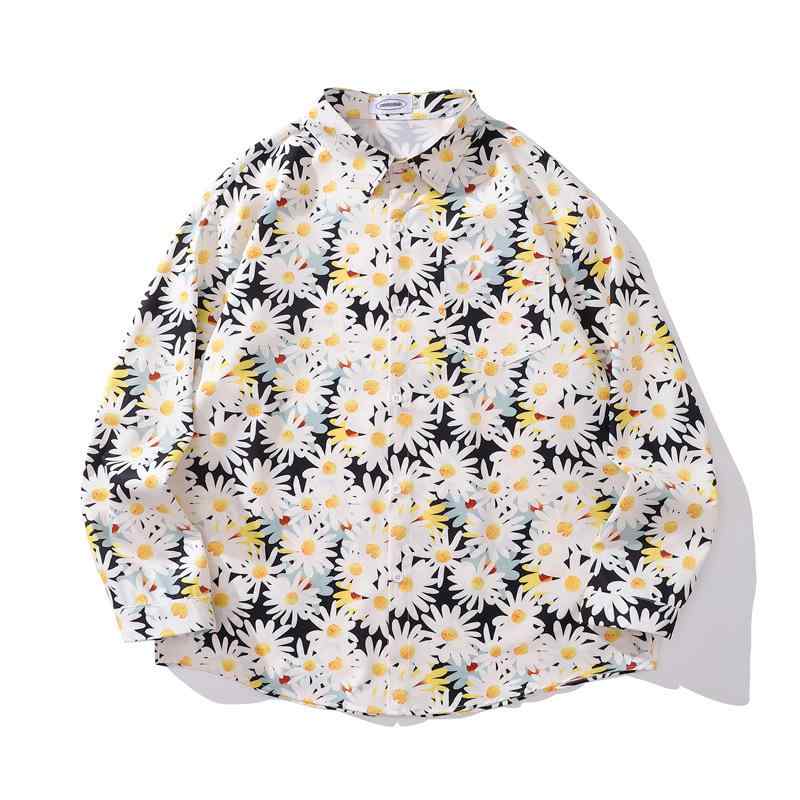 シャツ メンズ 日系 レトロ デザイン ハワイアン 小花柄 総柄 長袖 ゆったり ルーズフィット 襟付き ポリエステル カップル デイリー 普段使い カジュアル トップス
