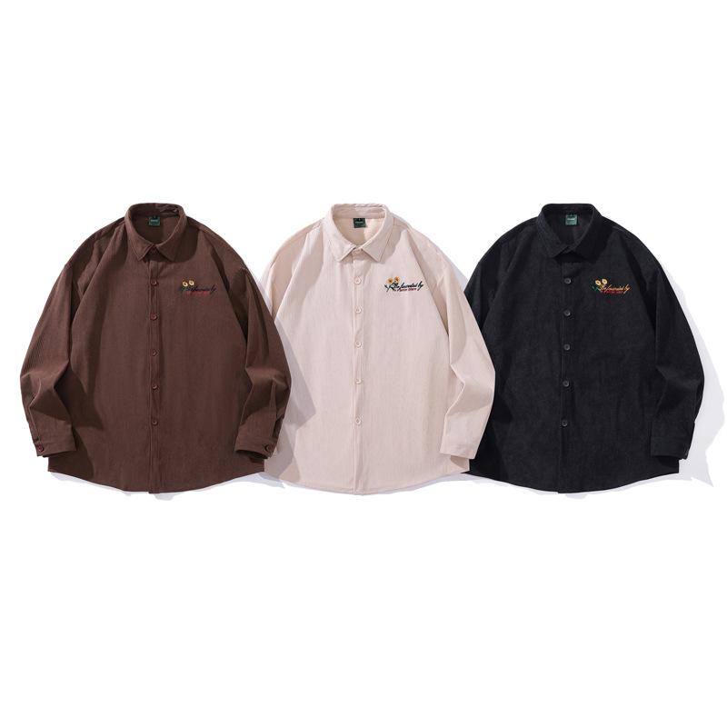 シャツ メンズ 秋 日系 レトロ レター刺繍 コーデュロイ 長袖 ルーズフィット 襟付き 個性的 ペアシャ..