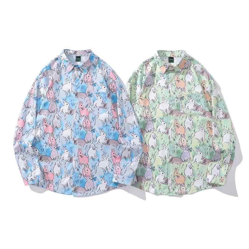 シャツ 男女兼用 ユニセックス かわいい うさぎ コミックデザイン 総柄プリント 長袖 ストリート カジ..