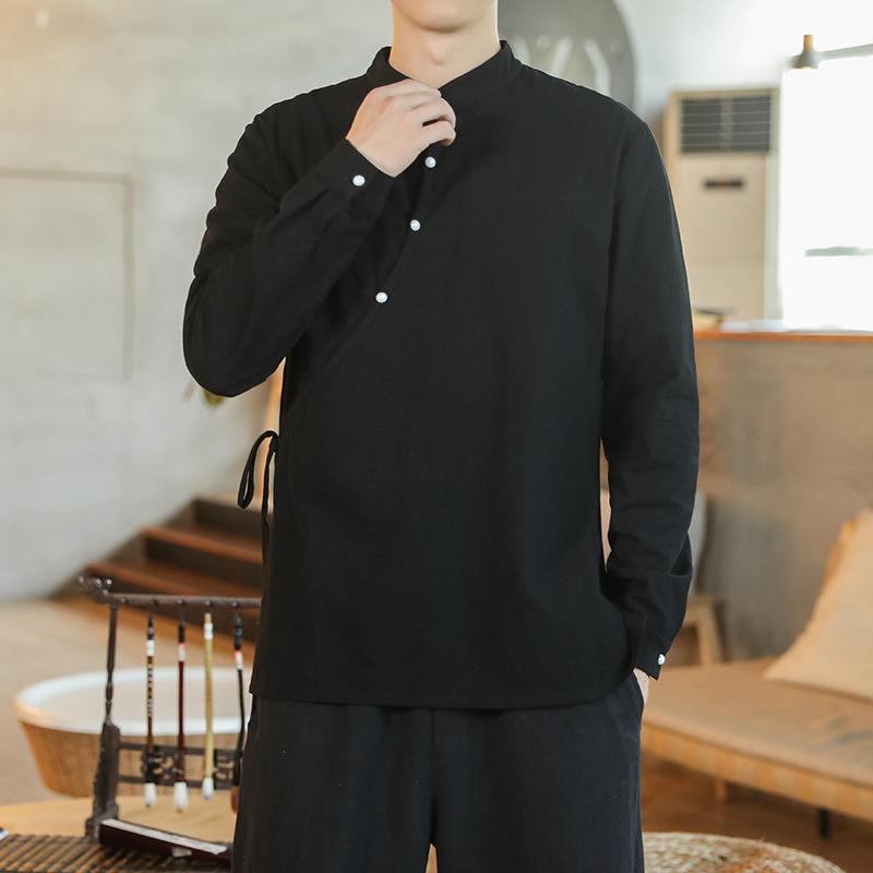 シャツ トップス メンズ 男性用 春秋 中国風 チャイナ風 レトロ ビンテージ 綿麻 長袖 スタンドカラー ..