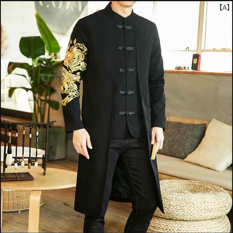 アウター メンズ 男性用 春秋 刺繡 漢服 唐装 チャイナ風 フェイクレイヤード 重ね着風 レトロ クラシック トレンド カジュアル ミドル丈 中丈 コート ジャケット スプリングコート