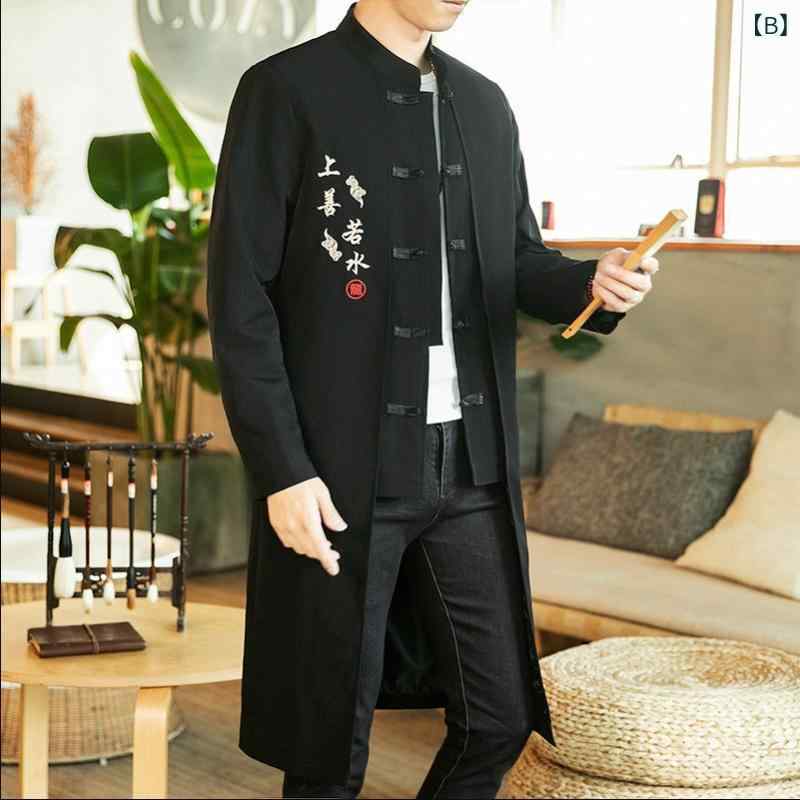 アウター メンズ 男性用 春秋 刺繡 漢服 唐装 チャイナ風 フェイクレイヤード 重ね着風 レトロ クラシック トレンド カジュアル ミドル丈 中丈 コート ジャケット スプリングコート