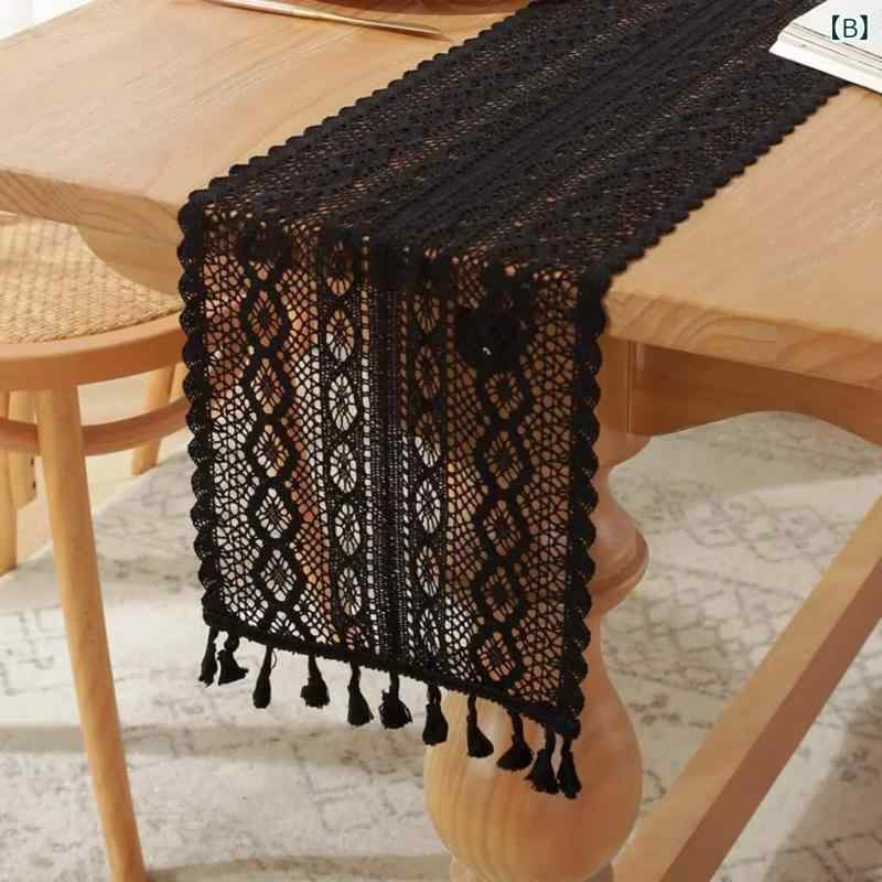 テーブルランナー 北欧風 クロシェ刺繍 透かし フリンジ 綿 TVボード シューズラック ローテーブル リビング ダイニング ベッドルーム ベージュ 黒 白 チェック柄 ウェーブエッジ way-ugo-10780033 way-ugo サンプル画像3