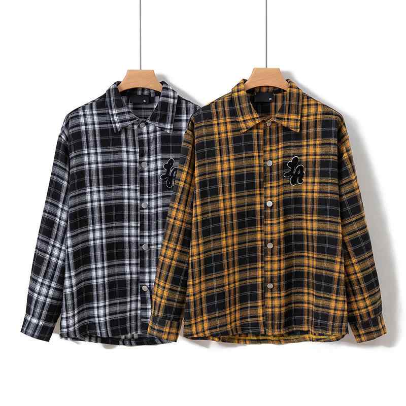 シャツ メンズ 男性用 秋冬 レトロ チェック柄 長袖 タオル刺繍 切り替え ゆったり オーバーサイズ コ..