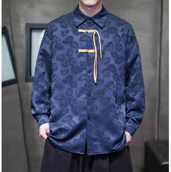 シャツ メンズ 新中華風 ジャガード織り チャイナボタン 長袖 大きいサイズ ビッグシルエット カジュア..