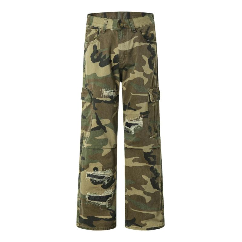 カーゴパンツ メンズ ワークパンツ パラシュートパンツ アメリカンストリート ルーズワイドシルエット 多ポケット ダメージ加工 迷彩柄 コットン 普段使い アウトドア