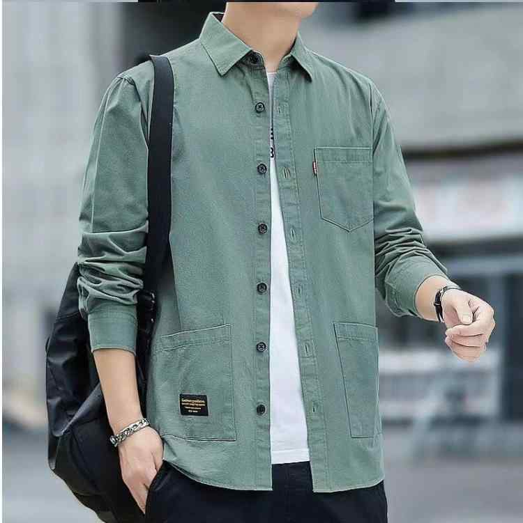 シャツ 男性用 長袖 トップス 綿混 通気性 襟付き 韓国 ファッション トレンドライク 無地 ソリッドカ..