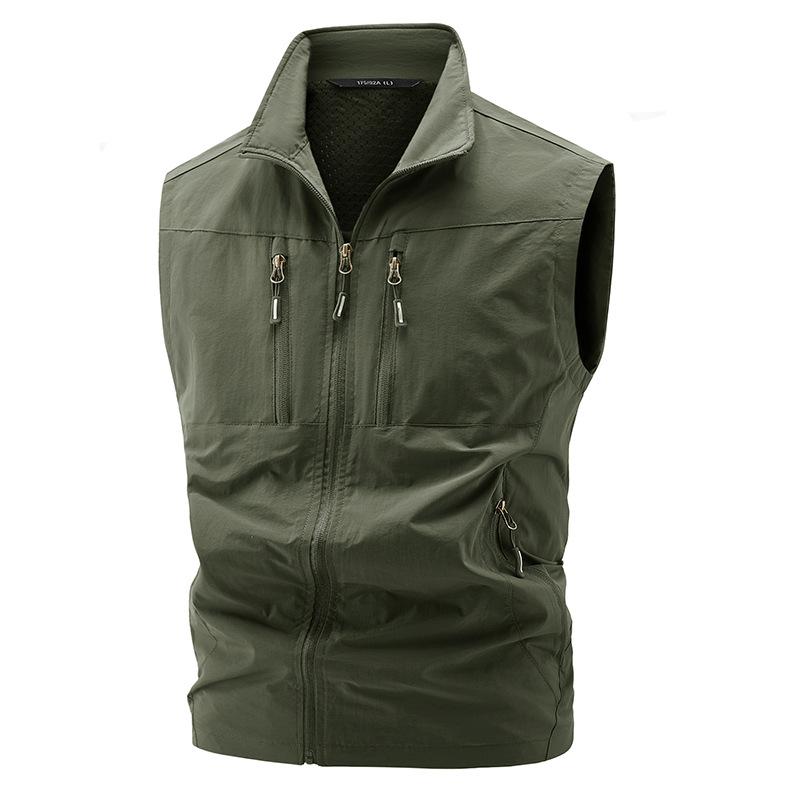 楽天way-ugoベスト メンズ ジレ マルチポケット ファスナーポケット 薄手 軽量 ライトアウター スタンドカラー 立ち襟 ジップアップ ナイロン 無地 ゆったり アウトドア キャンプ 釣り ウォーキング 普段使い タウンユース 旅行 春夏 カーキ ブラック ミリタリ