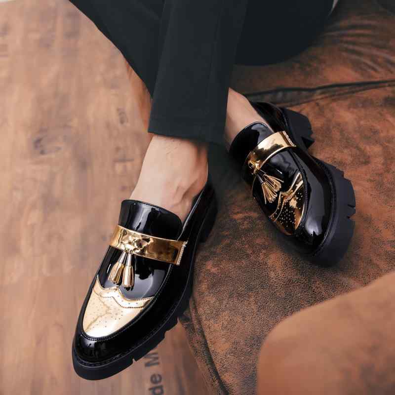 シューズ 男性用 タッセル ローファー スリッポン 厚底 革靴 光沢 合成皮革 ビジネス オフィス 普段使..