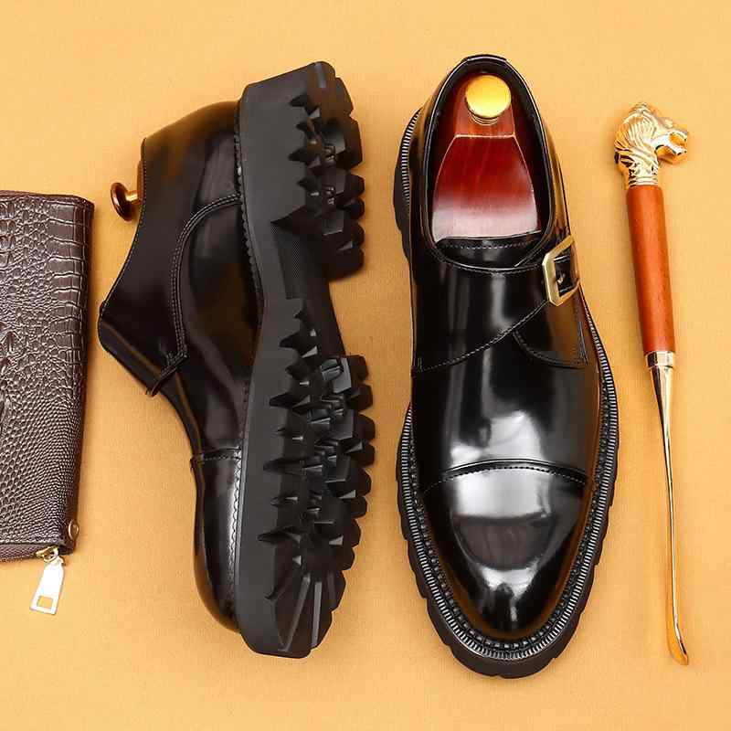 モンクストラップシューズ メンズ 高級感 光沢 牛革 トリプルバックル 厚底 ビジネス フォーマル 通勤 ..