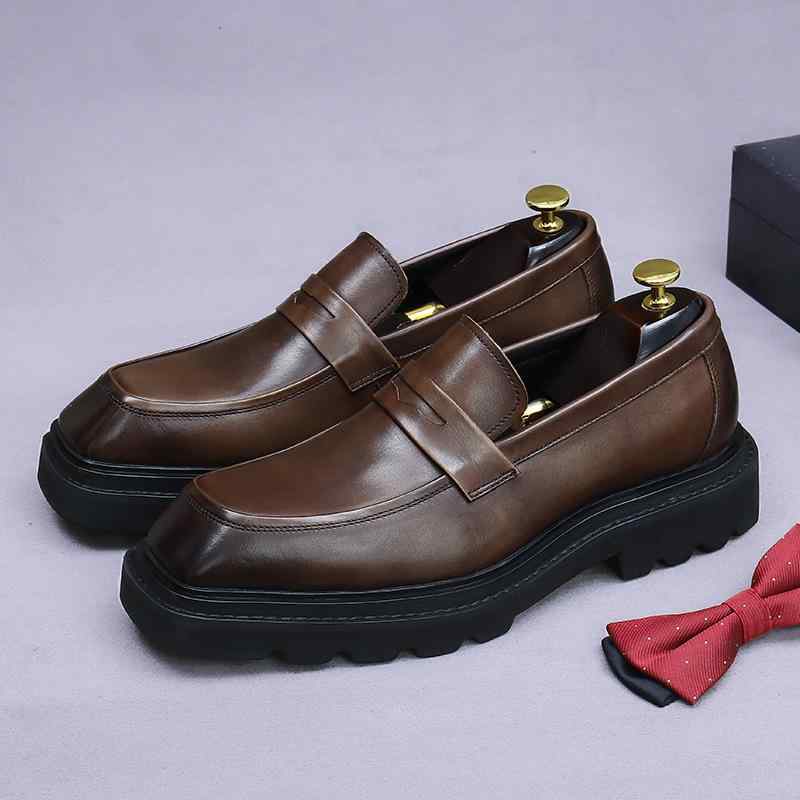 革靴 メンズ 厚底 スクエアトゥ ビジネス カジュアル 通勤 オフィス 普段使い リアルレザー チャンキー..