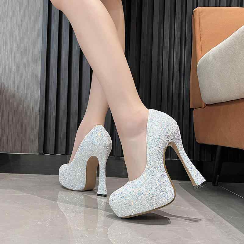 パンプス レディース 女性用 13cm ハイヒール 太ヒール チャンキーヒール ストーム 厚底 グリッター ラメ プリンセス ラウンドトゥ 春秋 ホワイト ブラ...