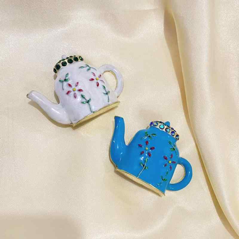 ブローチ レディース 手描き ティーポット 琺瑯 エナメル 花モチーフ レトロ ヴィンテージ アンティー..