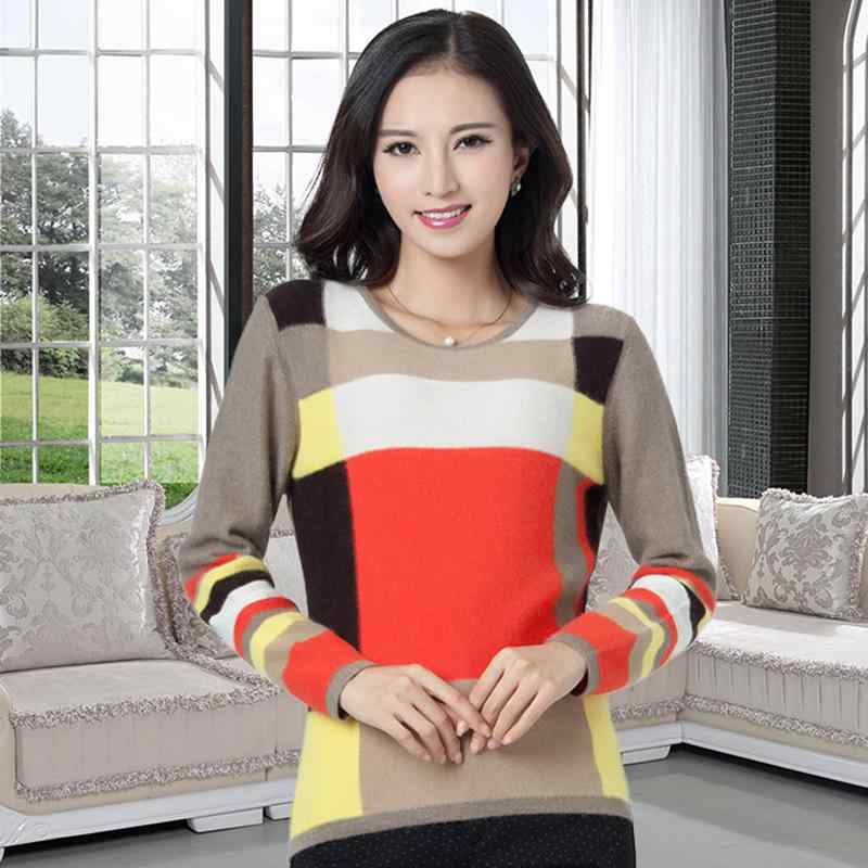 ニットセーター レディース 秋冬 100%内モンゴル産 ウール プルオーバー ラウンドネック 長袖 スリムフィット ストライプ柄 配色切り替え 上質 暖かい 上品 オフィス 通勤 デイリー カジュアル