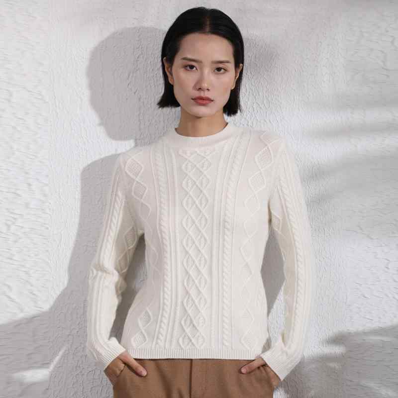 ニット レディース 内モンゴル産 カシミヤ95% クルーネック ケーブル編み 長袖 厚手 保温 ゆったり 体型カバー 上質 秋冬 オフィス 通勤 ホワイト キャメル