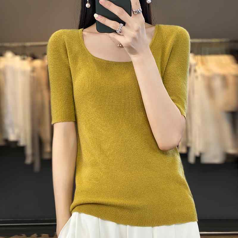 ニット レディース 春夏 超極細精紡ウール ポリエステル混紡 半袖 Uネック スリムフィット 薄手 トップス インナー 普段使い オフィス カジュアル