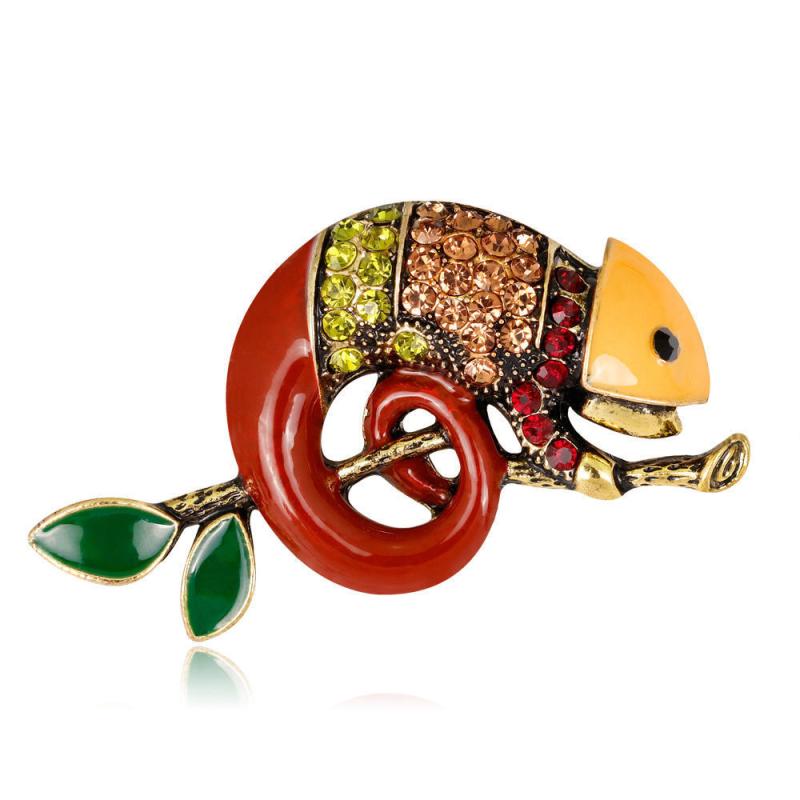 ブローチ レディース 欧米風 ファッション 滴油エナメル 七宝焼き 枝 トカゲ カメレオン 動物モチーフ ..