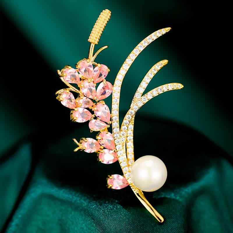 ブローチ レディース 女性用 秋冬 韓国風 上品 エレガント 高級感 カラージルコニア 麦穂モチーフ 銅製 フォーマル パーティー 結婚式 二次会 入学式 卒業式 発表会 アクセサリー ジュエリー