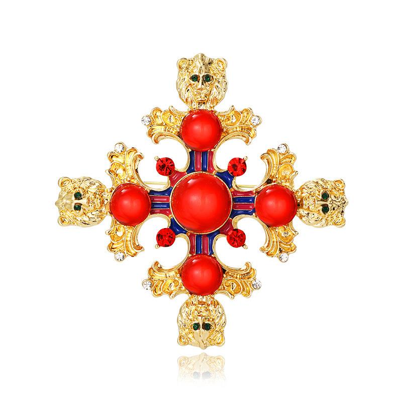 ブローチ レディース 女性用 英国風 レトロ ヴィンテージ バロック ジルコニア ライオンヘッド クロスモチーフ 合金製 ピン アクセサリー おしゃれ 普段使い フォーマル オケージョン 華やか 入学式 卒業式 発表会 小物