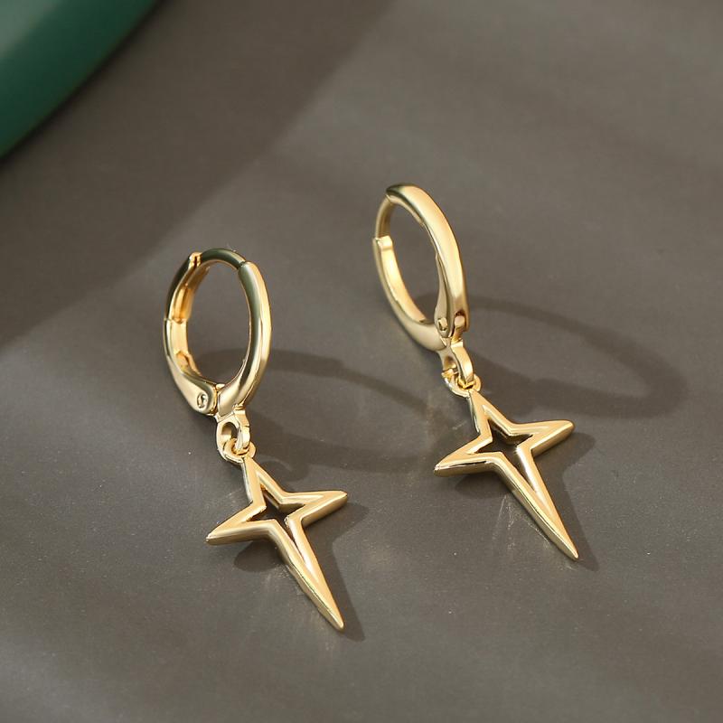 ピアス 男女兼用 レトロ 個性的 透かし彫り 十字架 星モチーフ ドロップ 銅製 ゴールドカラー おしゃれ..