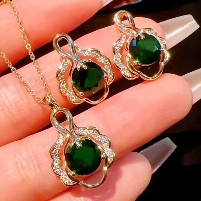 楽天way-ugoピアス ネックレス レディース 女性用 韓国ファッション エメラルドカラー 白菜モチーフ ジルコニア装飾 銅製 個性的 高級感 エレガント パーティー お呼ばれ 普段使い 万能