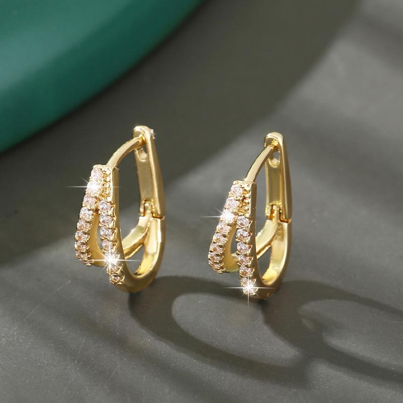 フープピアス レディース 欧米風 エレガント 高級感 銅製 ジルコニア ジオメトリック ダブルデザイン U字 トレンド ファッション ゴールドカラー 電気メッキ加工 ピアス イヤリング 通勤 カジュアル