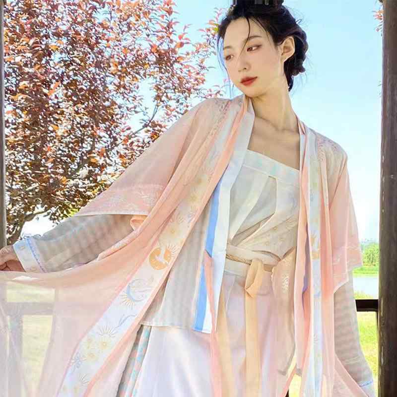 漢服 レディース 中国伝統衣装 宋風 グラデーション ブルー 羽織り トップス 綿混 軽やか ゆったり ハイウエスト プリーツ ロングスカート エレガント 上品 セットアップ 舞台衣装 春夏