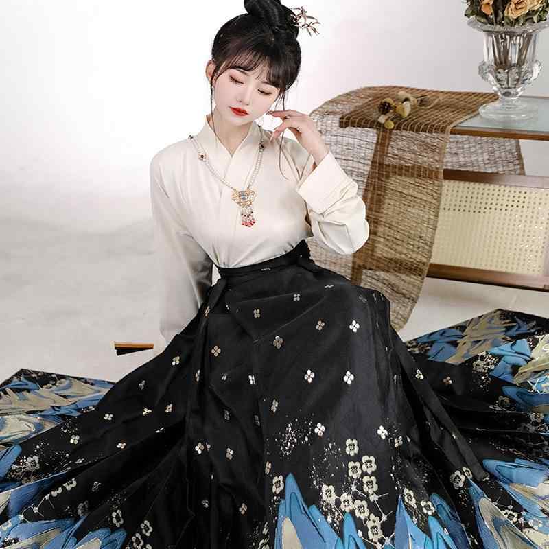 漢服 レディース セットアップ トップス マーミエン裙 明代様式 中国風 金糸織り プリーツスカート 一枚仕立て 日常使い 普段着 黒 ブラック 春夏 ポリエステル