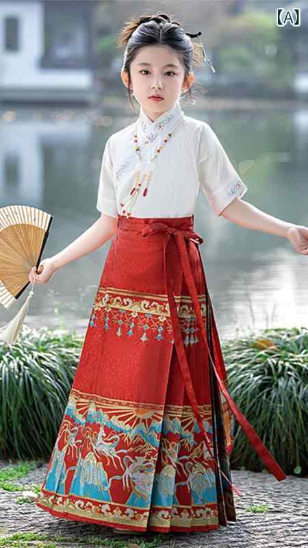 漢服 女の子 レッド 中華風 馬面スカート 明朝様式 セットアップ 上下セット 薄手 半袖 トップス ボトムス 誕生日 イベント 普段使い 華やか エレガント 春夏