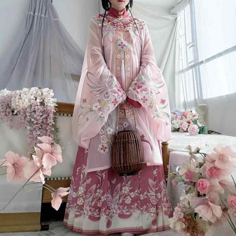 漢服 レディース 女性用 雲肩 馬面スカート トップス セットアップ ポリエステル素材 豪華刺繡 明朝様式 伝統衣装 撮影 イベント コスプレ リボンデザイン ストレートスリーブ 花柄 春夏